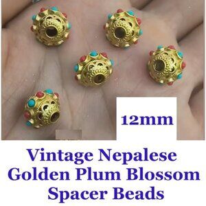 Vintage Style Nepalese Golden Plum Blossom Spacer Beads 5 Beads